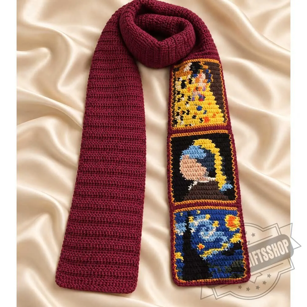 Burgundy Crochet Art Scarf – Klimt, Vermeer & Van Gogh Tapestry 3 Burgundy Crochet Art Scarf – Klimt, Vermeer & Van Gogh Tapestry