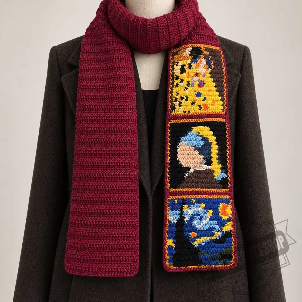 Burgundy Crochet Art Scarf – Klimt, Vermeer & Van Gogh Tapestry 4 Burgundy Crochet Art Scarf – Klimt, Vermeer & Van Gogh Tapestry