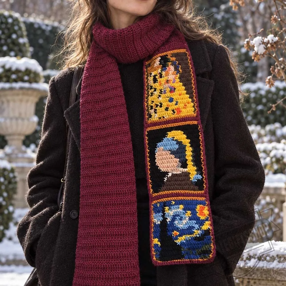 Burgundy Crochet Art Scarf – Klimt, Vermeer & Van Gogh Tapestry 5 Burgundy Crochet Art Scarf – Klimt, Vermeer & Van Gogh Tapestry