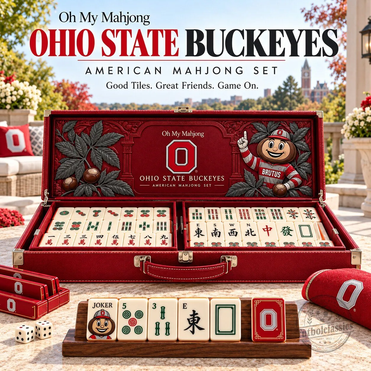 Ohio State Buckeyes American Mahjong Set with Brutus Buckeye Mascot
