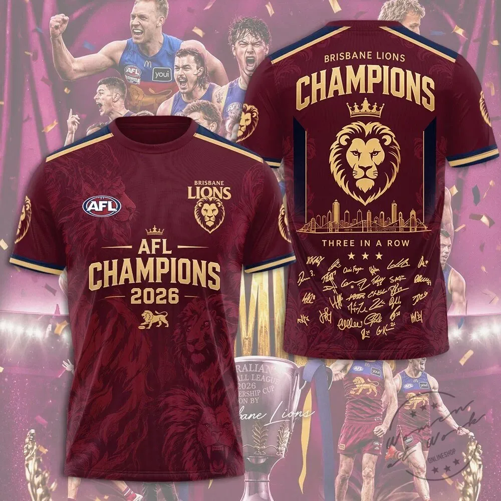 Brisbane Lions AFL Champions 2026 Three In A Row Commemorative T-Shirt