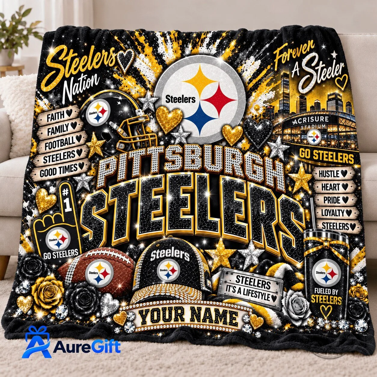Pittsburgh Steelers Personalized Football Team Fleece Blanket