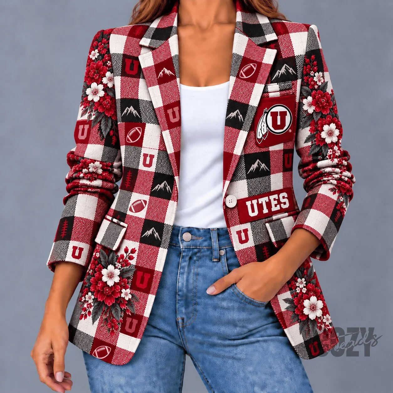 Utah Utes Football Game Day Floral Plaid Women's Blazer