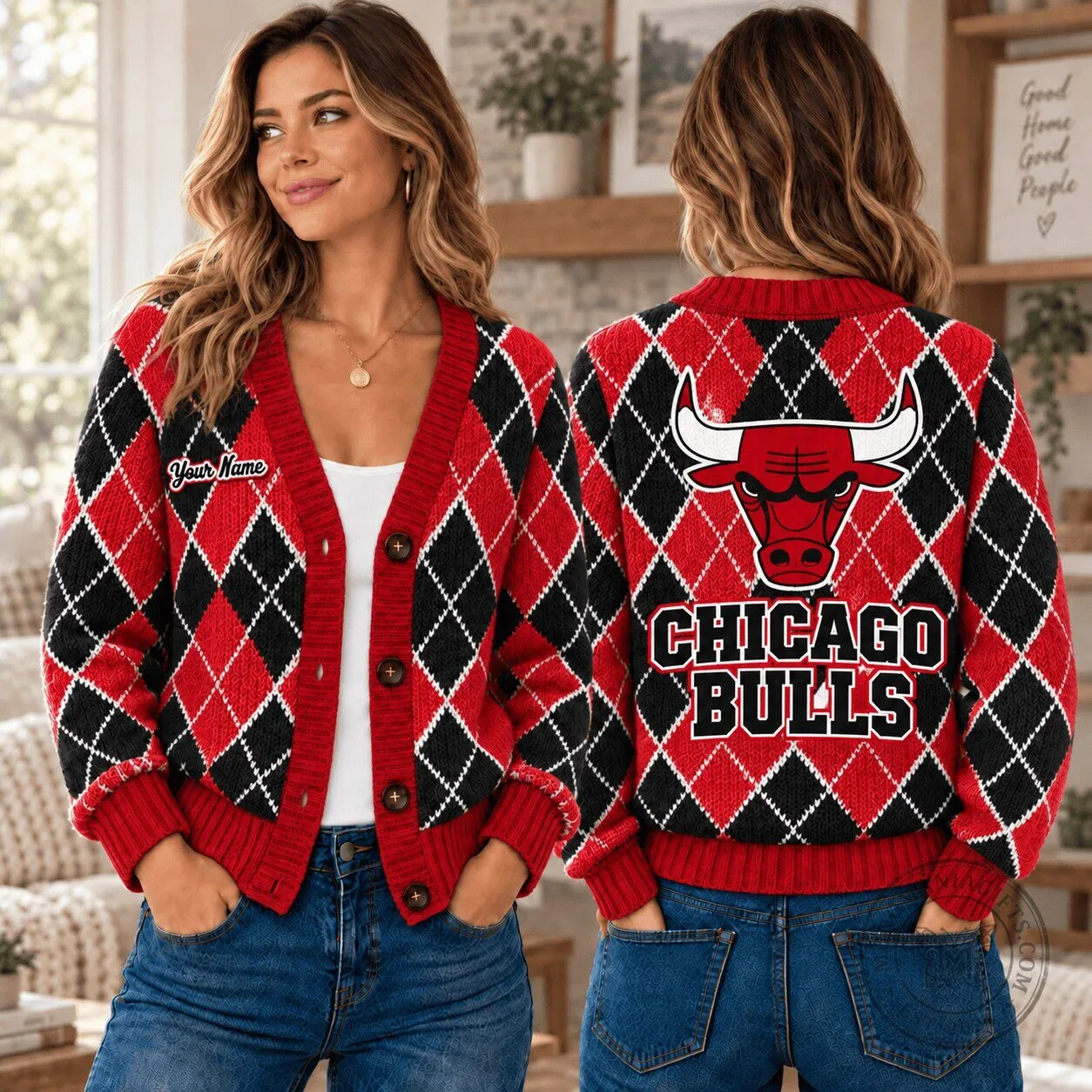 Chicago Bulls NBA Argyle Pattern Red Black Custom Name Cardigan Sweater