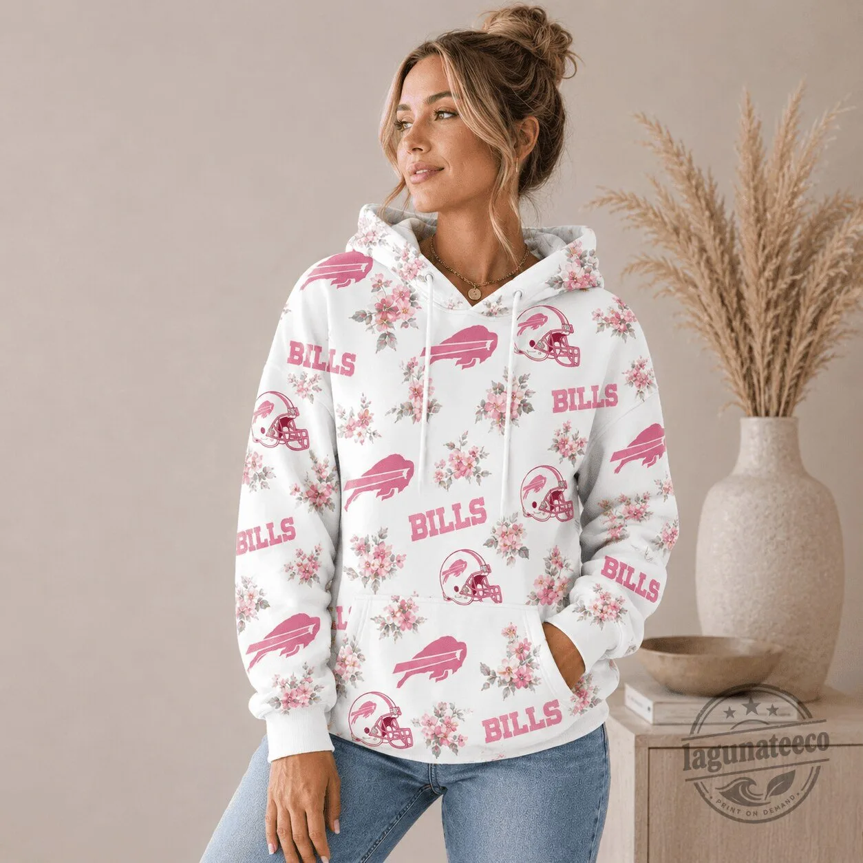 Women's All Over Print Hoodie in Pink Floral Design for Buffalo Bills Team Pride