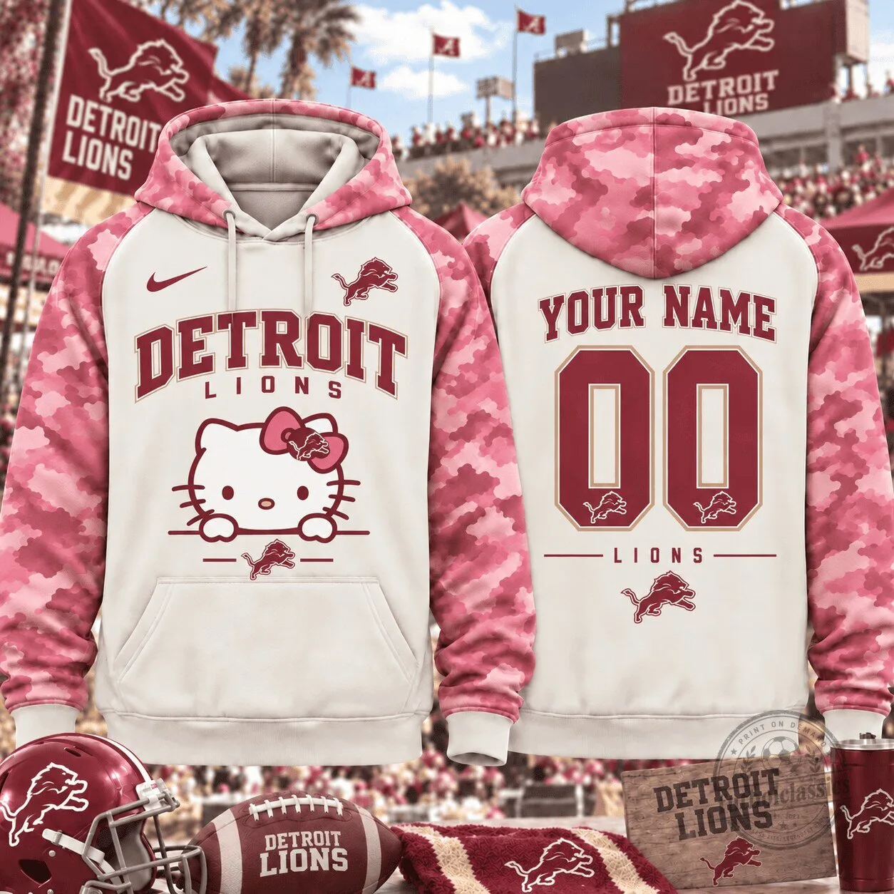 Custom Hoodie in Pink Camouflage Featuring Hello Kitty and Detroit Lions Design