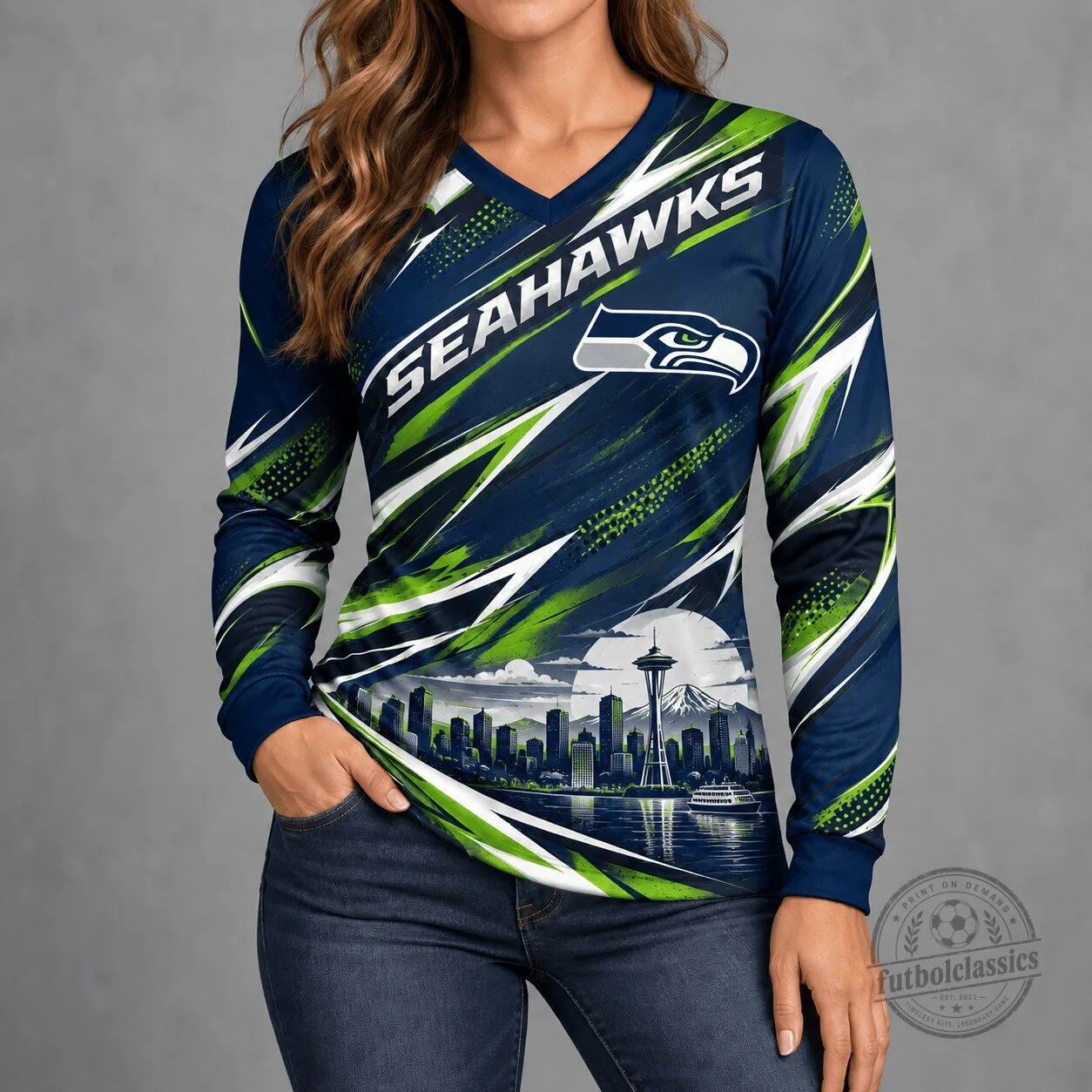 Seattle Seahawks City Horizon Long-Sleeve V-Neck Shirt for Women