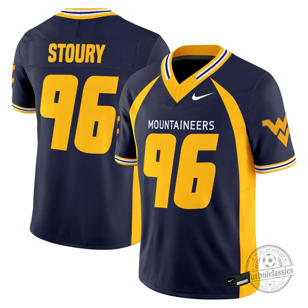 West Virginia Mountaineers Navy Blue Stoury Number 96 Football Jersey