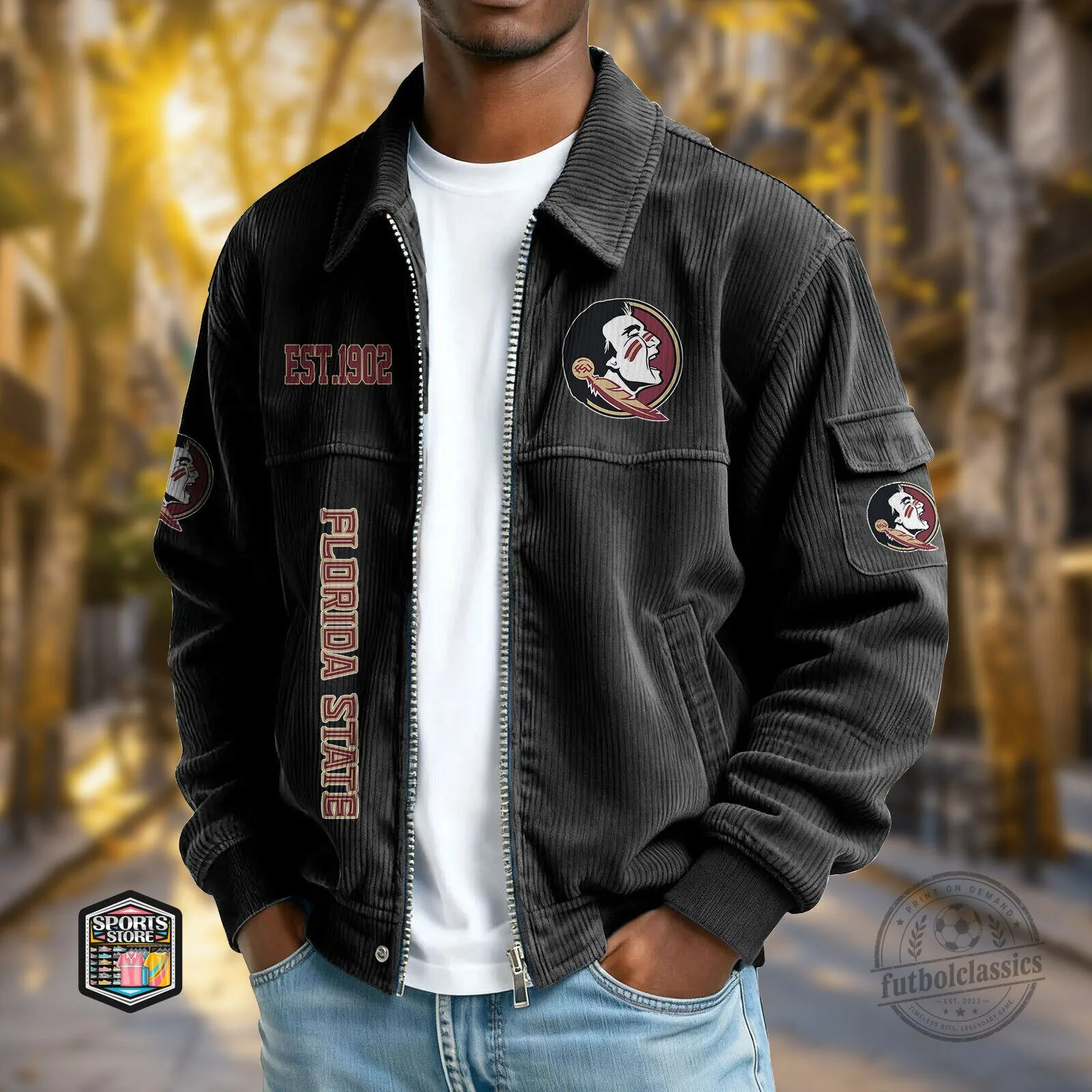 Florida State Seminoles Corduroy Jacket, Black FSU Seminole Head Logo