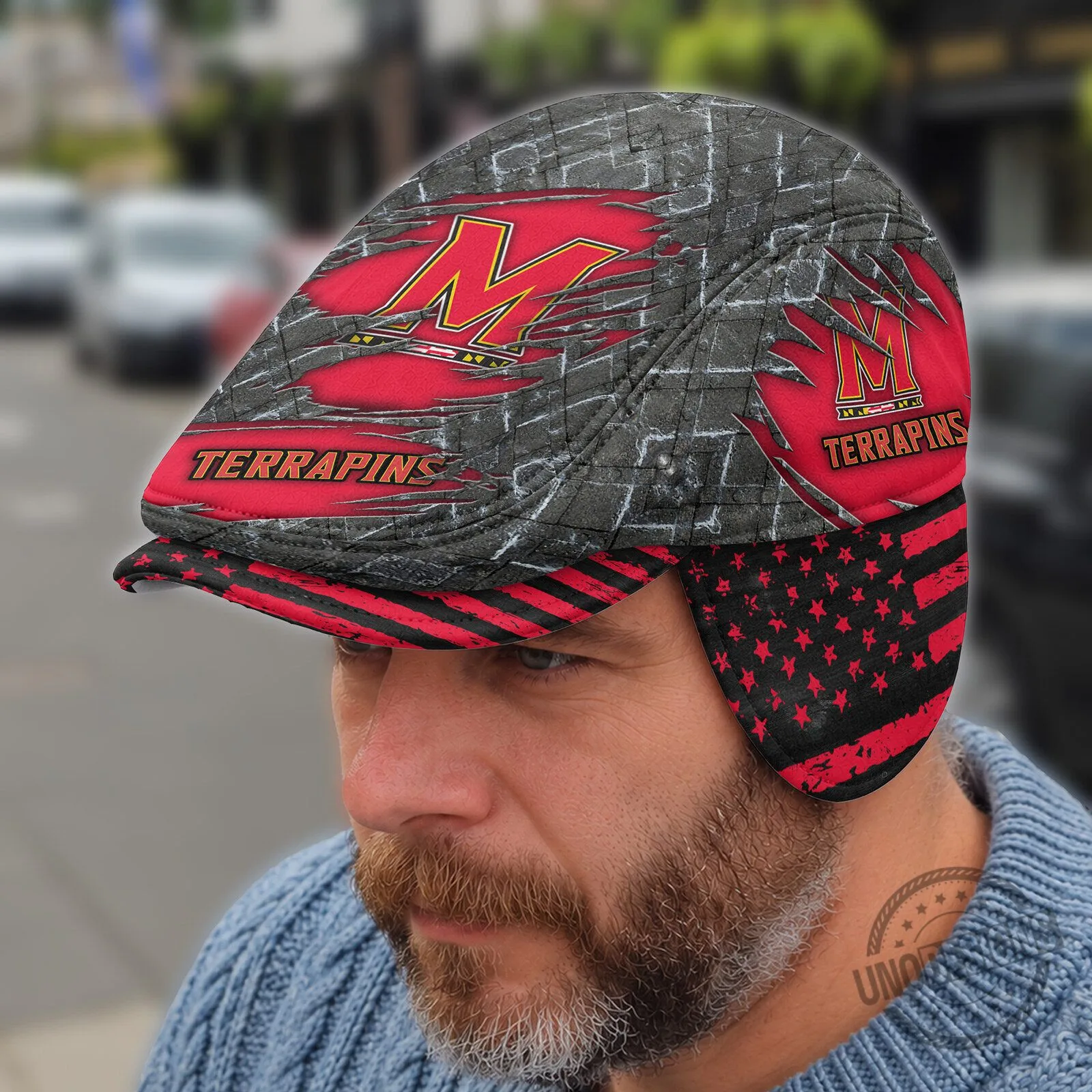 Maryland Terrapins Distressed Brick Pattern Flat Cap with Ear Flaps
