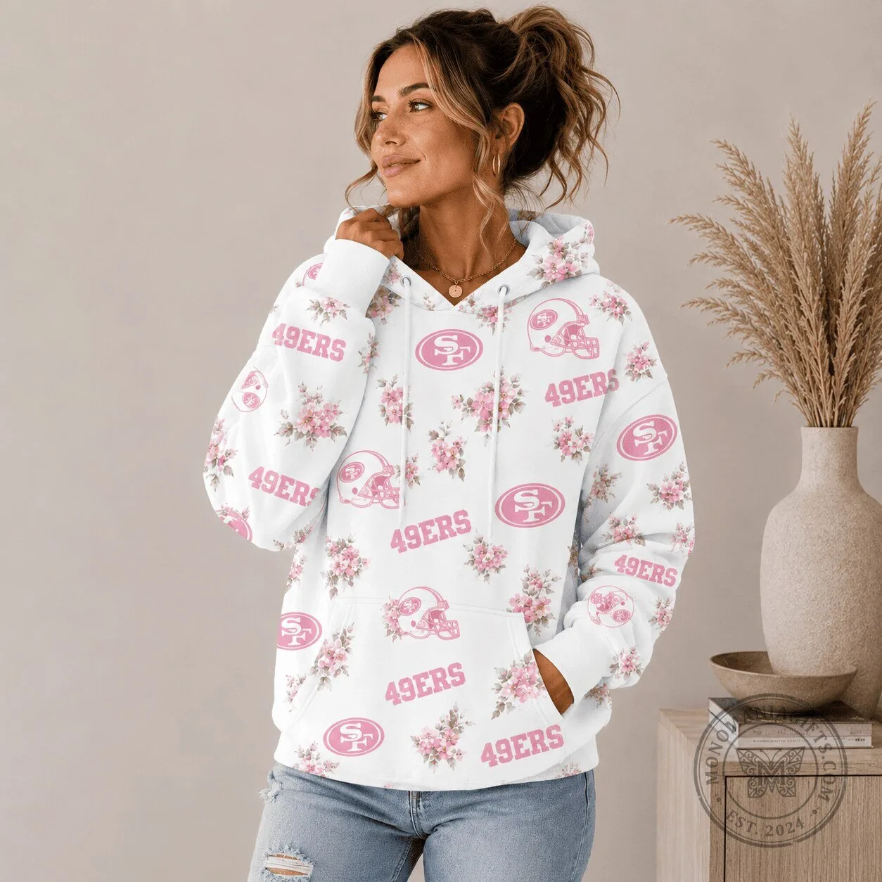 San Francisco 49ers Pink Floral Pattern Football Team Hoodie for Women