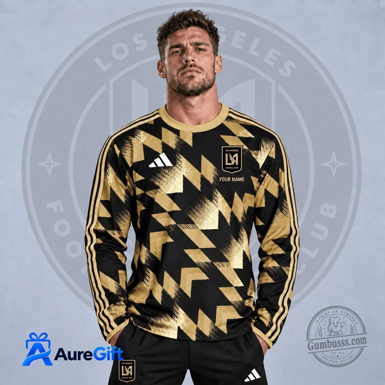 Los Angeles FC Black and Gold Geometric Pattern Personalized Long Sleeve Jersey