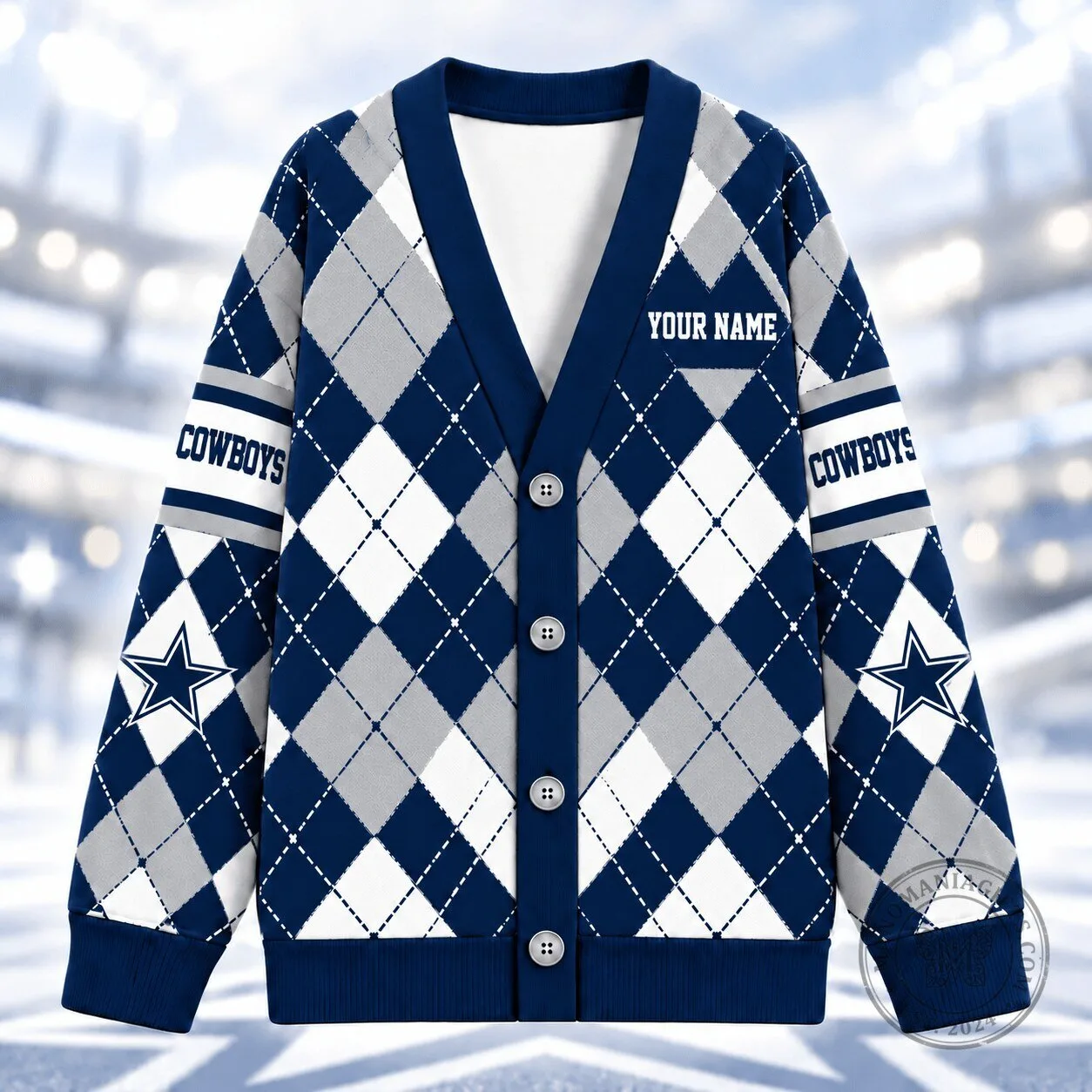 Dallas Cowboys Argyle Pattern V-Neck Button-Up Custom Name Cardigan Sweater