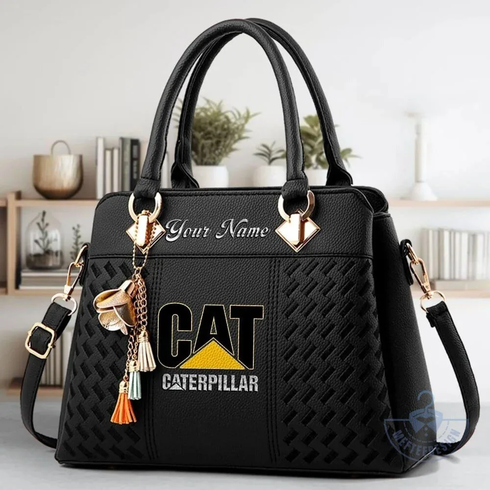 Caterpillar Personalized Black Handbag with Custom Name and Tassel Charm