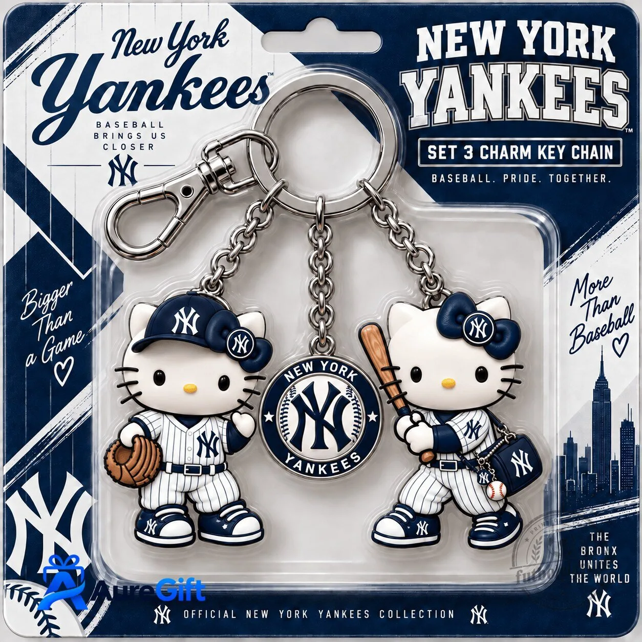 New York Yankees Hello Kitty Baseball Player Charm Keychain Set