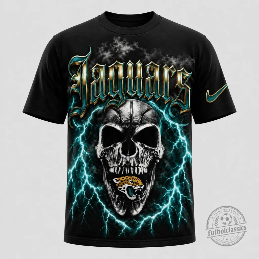 Jacksonville Jaguars Skull Lightning Graphic Black T-Shirt Jacksonville Jaguars Skull Lightning Graphic Black T-Shirt