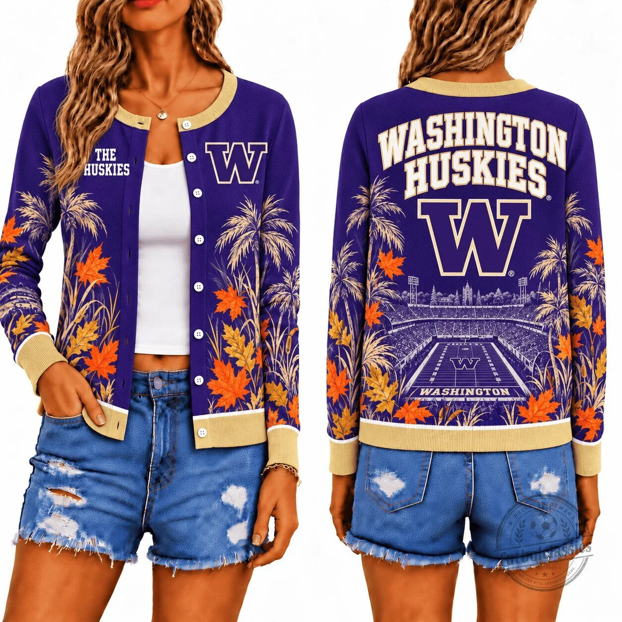 Washington Huskies Fall Season Football Stadium Pattern Women's Cardigan