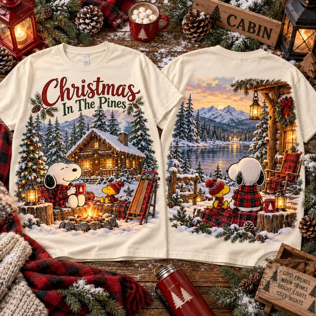 Snoopy and Woodstock Christmas In The Pines Winter Cabin Holiday T-Shirt Snoopy and Woodstock Christmas In The Pines Winter Cabin Holiday T-Shirt
