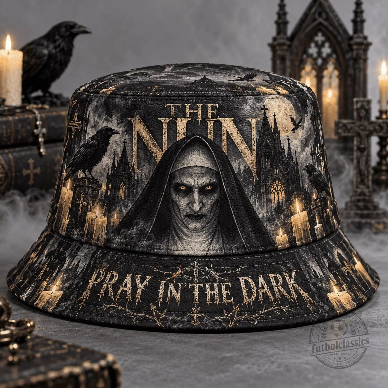Bucket Hat Featuring The Nun Pray In The Dark Horror Movie Design