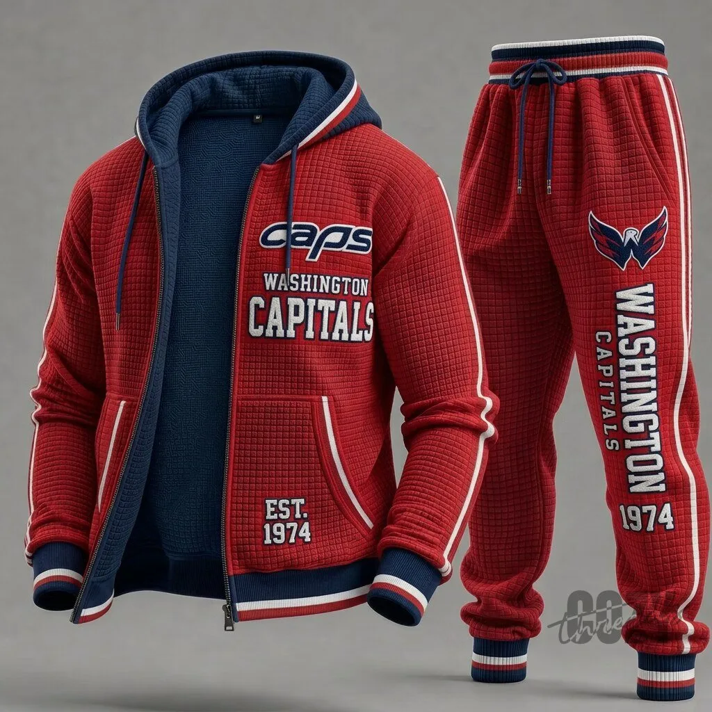 Washington Capitals Red Textured Knit Zip Up Hoodie and Sweatpants Set for Men