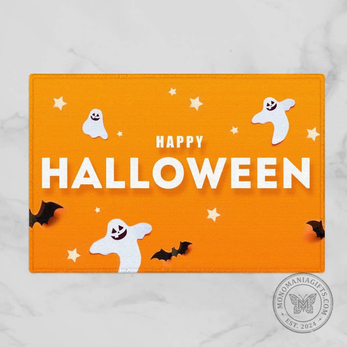 Happy Halloween Ghosts and Bats Orange Decorative Doormat