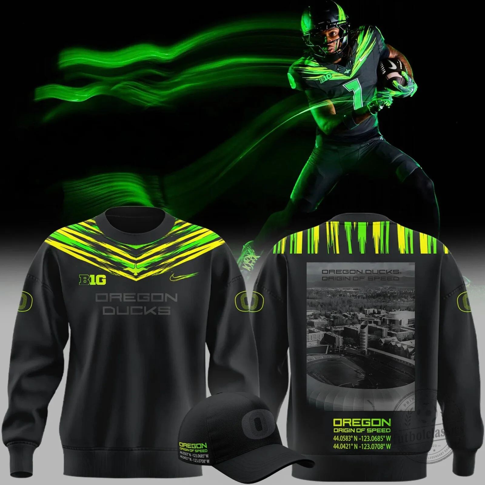 Black Crewneck Sweatshirt featuring the Oregon Ducks Origin of Speed Design
