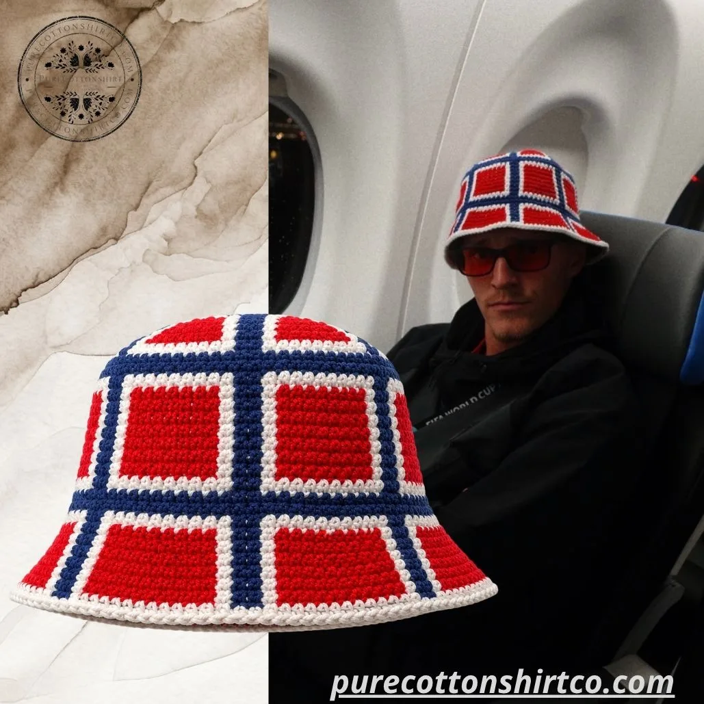Norway Flag Crochet Bucket Hat – Handmade Knitted Norwegian Supporters Sun Cap