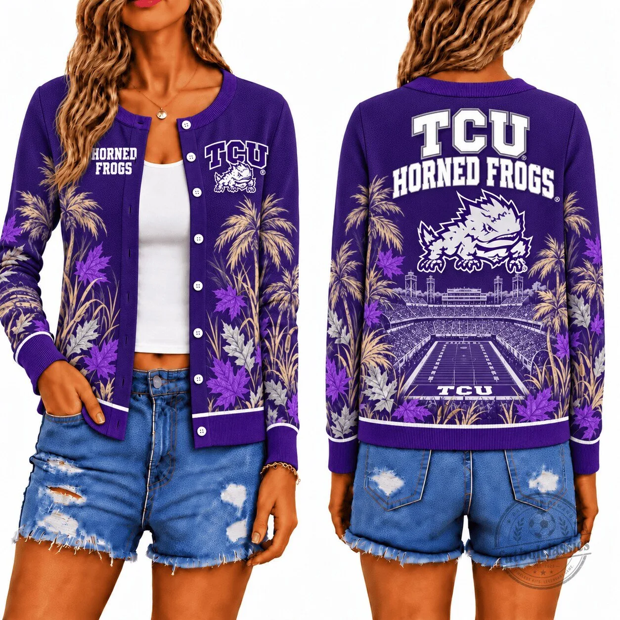 TCU Horned Frogs Football Stadium Palm Trees Purple Cardigan