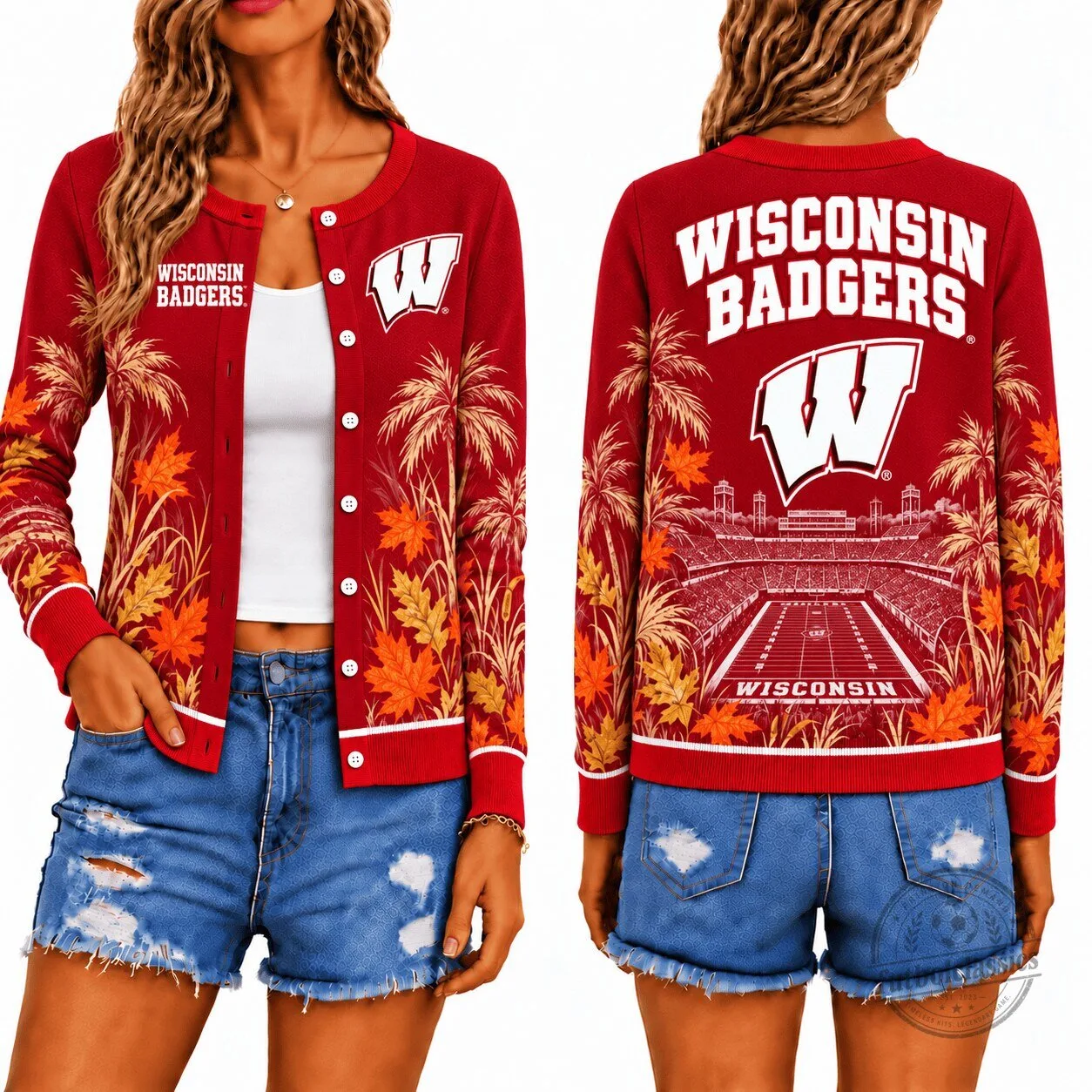 Wisconsin Badgers Fall Season Autumn Leaves Stadium Red Cardigan Sweater