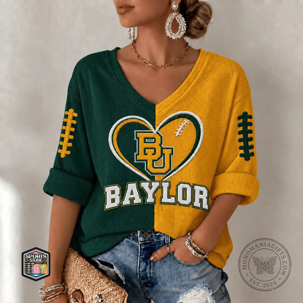 Baylor Bears Football Heart Split Color V-Neck Long Sleeve T-Shirt 1 Baylor Bears Football Heart Split Color V-Neck Long Sleeve T-Shirt