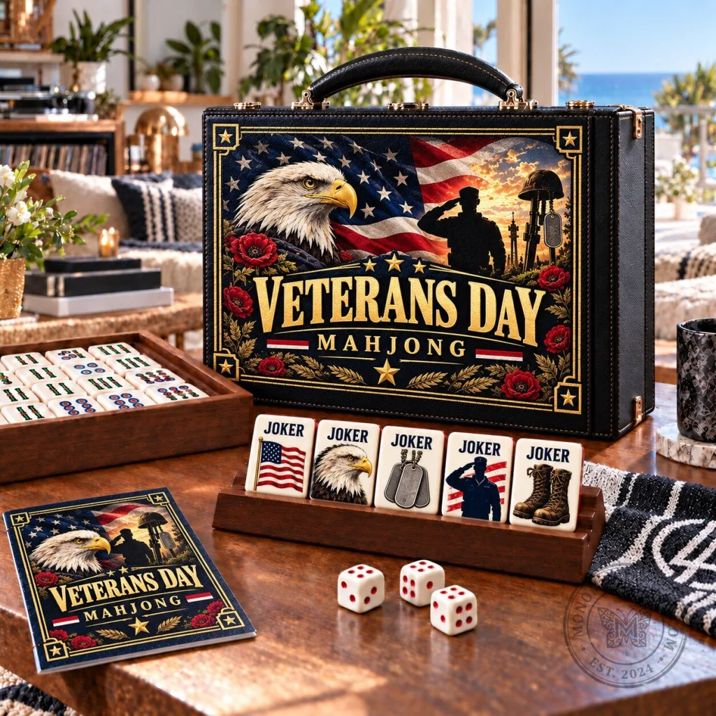 Veterans Day Mahjong Game Set with American Flag and Eagle Design Veterans Day Mahjong Game Set with American Flag and Eagle Design