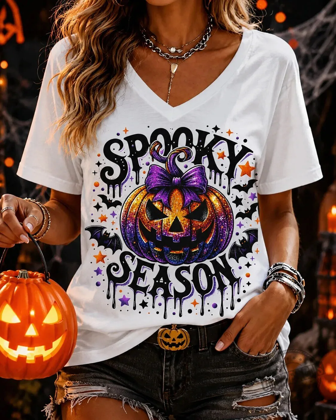 Spooky Season Halloween Pumpkin Glitter Bats Women's V-Neck T-Shirt