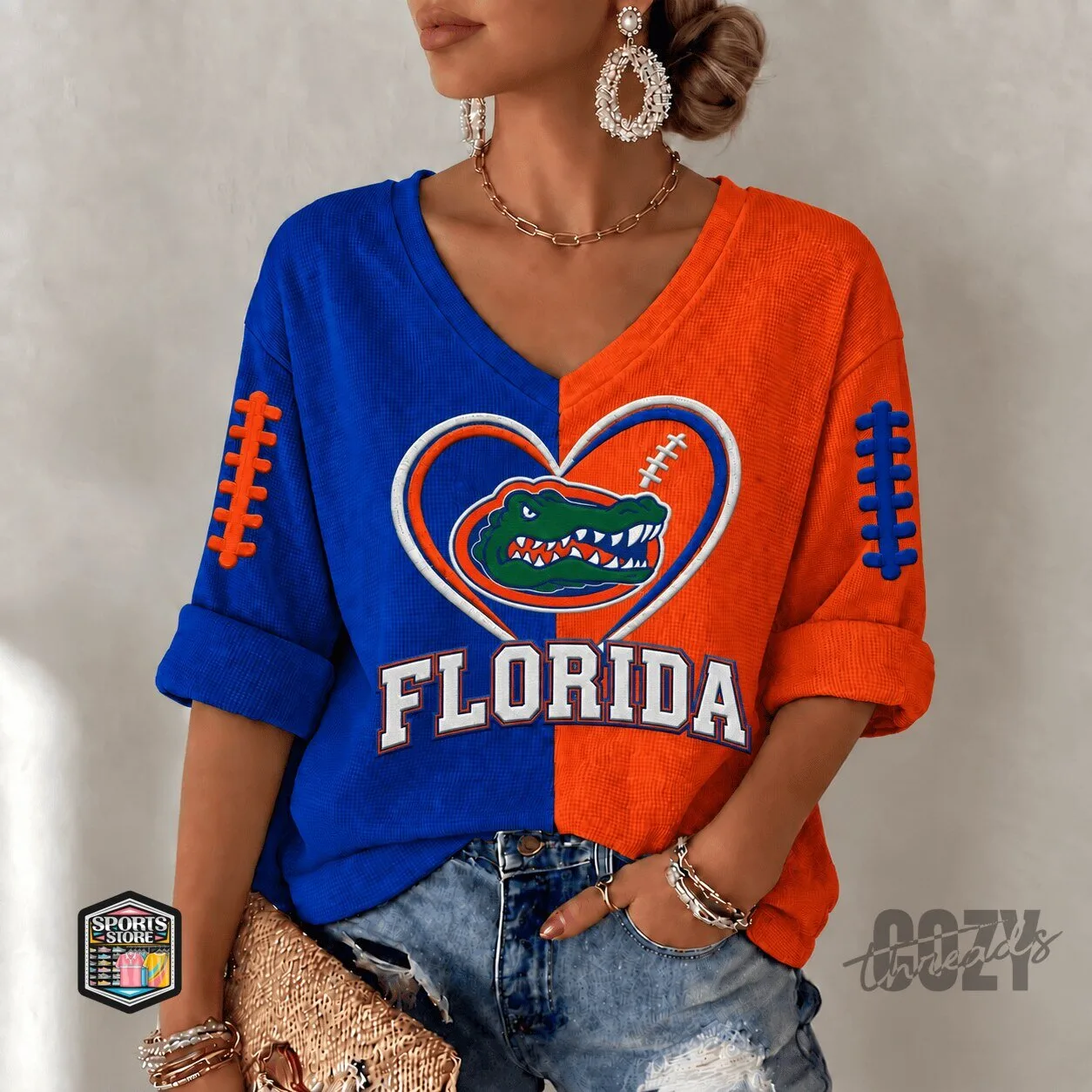 Florida Gators Football Heart Split Color Block V-Neck Long Sleeve Shirt 1 Florida Gators Football Heart Split Color Block V-Neck Long Sleeve Shirt