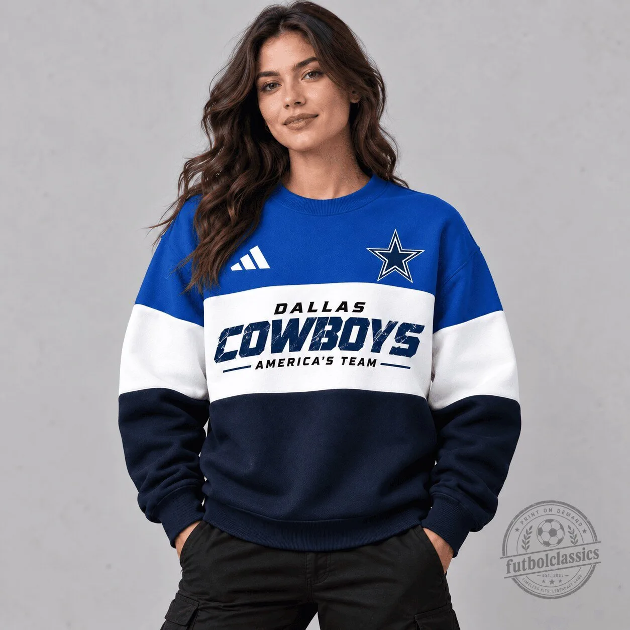 Dallas Cowboys America's Team Blue White Navy Tri-Block Crewneck Sweatshirt