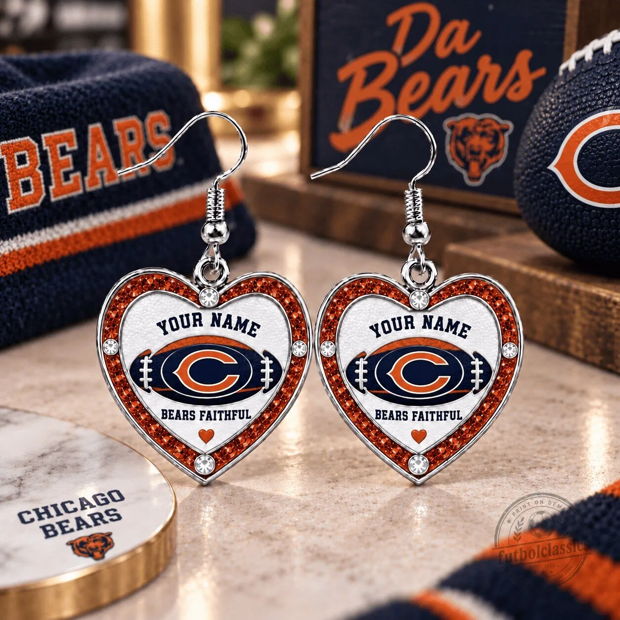 Chicago Bears Personalized Heart Dangle Earrings For Women