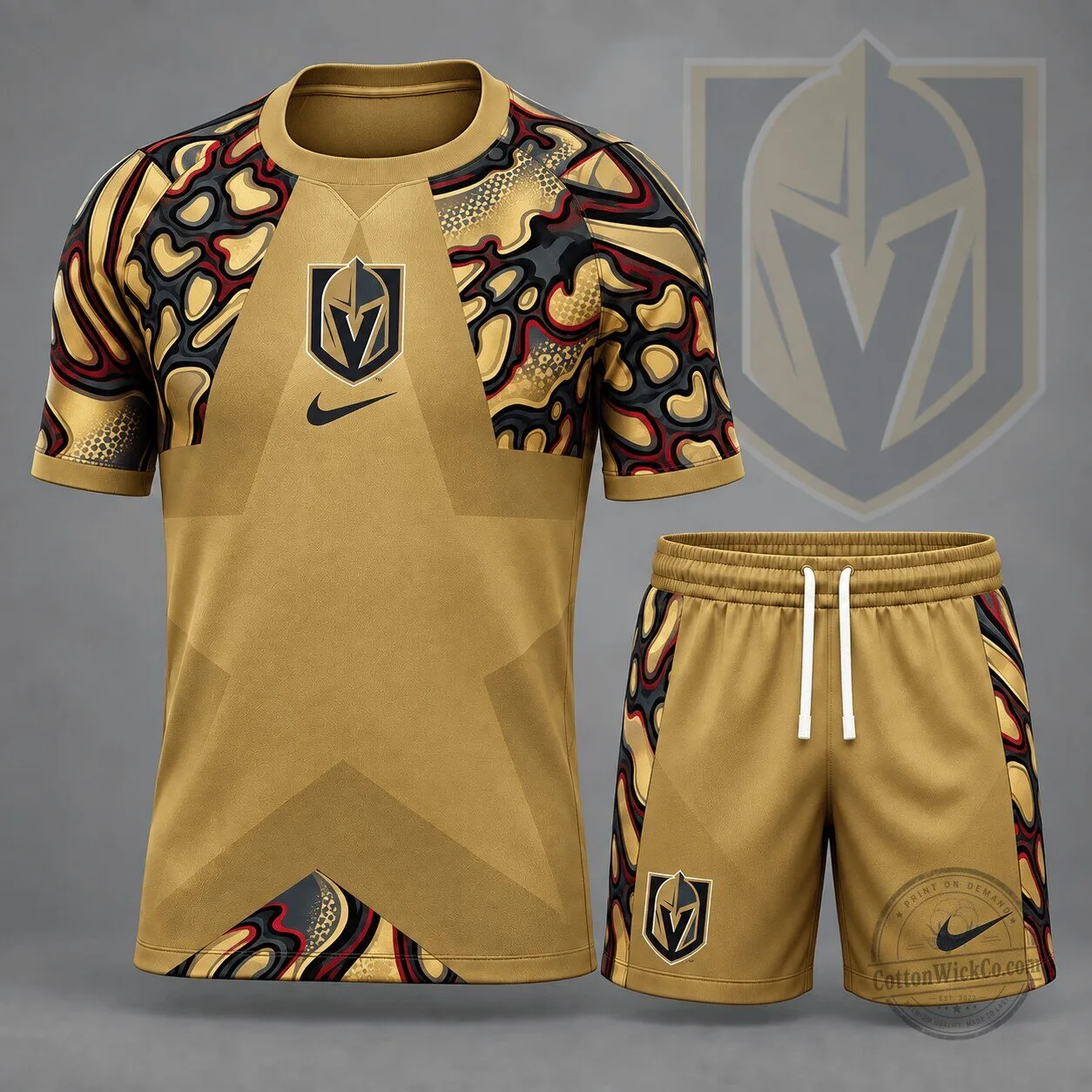 Vegas Golden Knights NHL Gold Abstract Camouflage Star Panel Jersey and Shorts Set