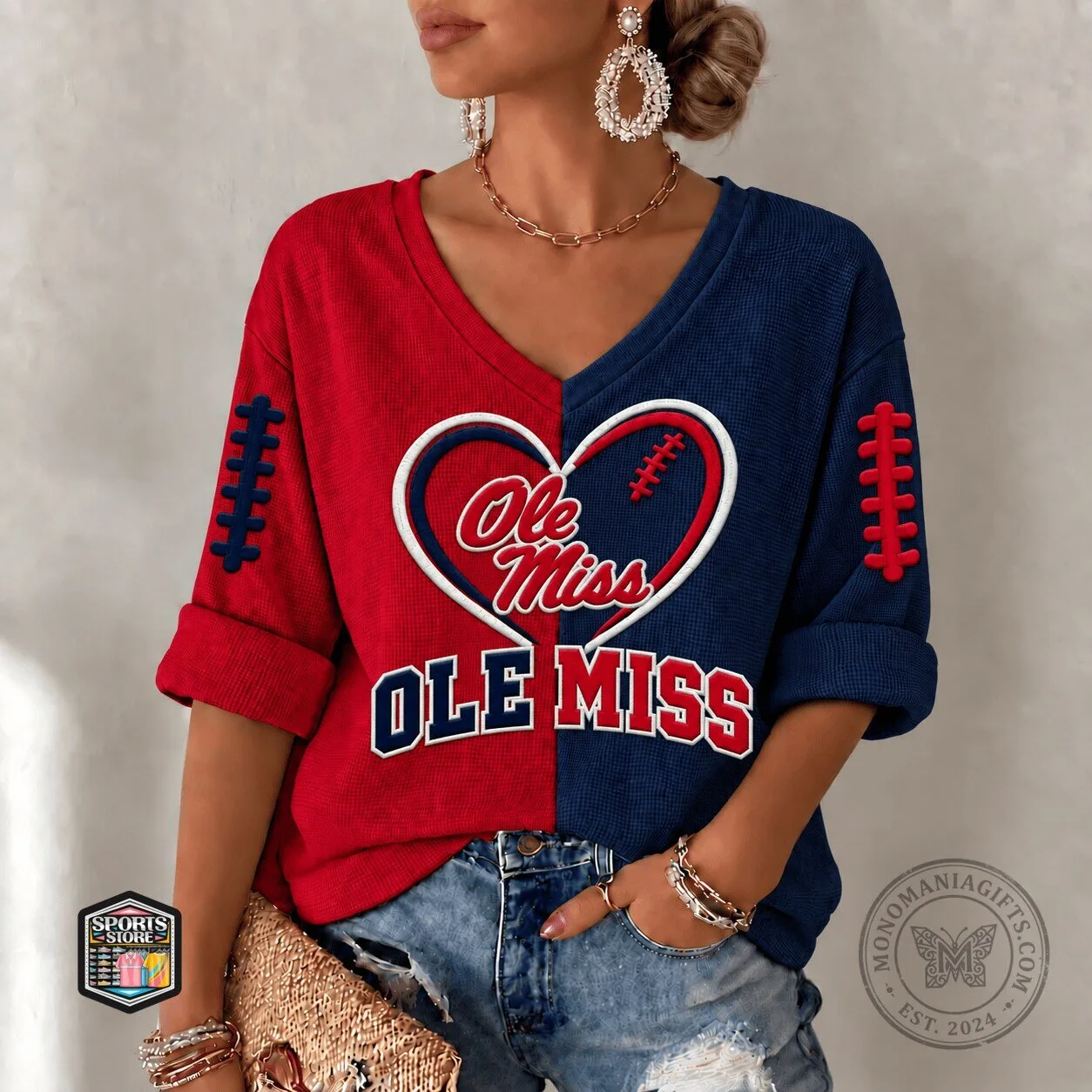 Ole Miss Rebels Football Heart Design Red Blue V-Neck Long Sleeve Shirt