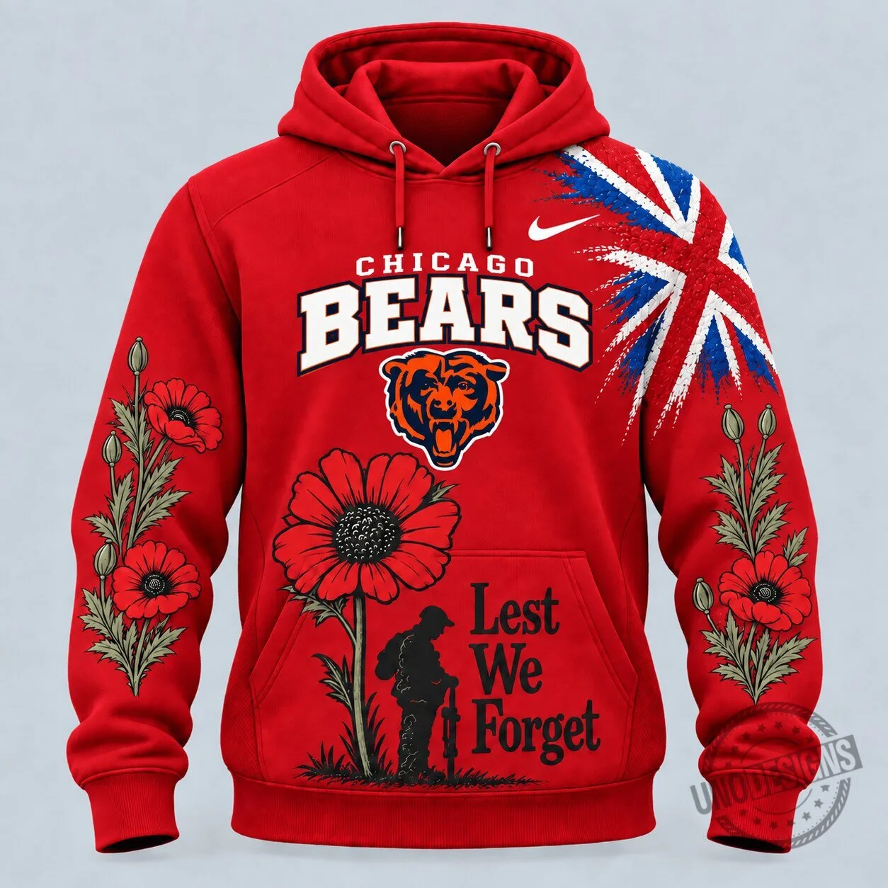 Chicago Bears Lest We Forget Remembrance Day Red Hoodie