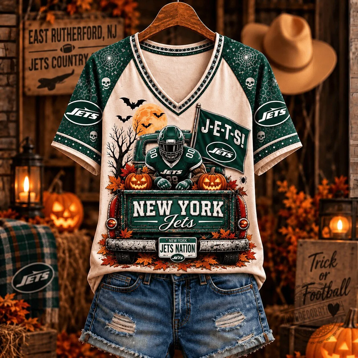 New York Jets Fan Halloween V-Neck Baseball Jersey for Women