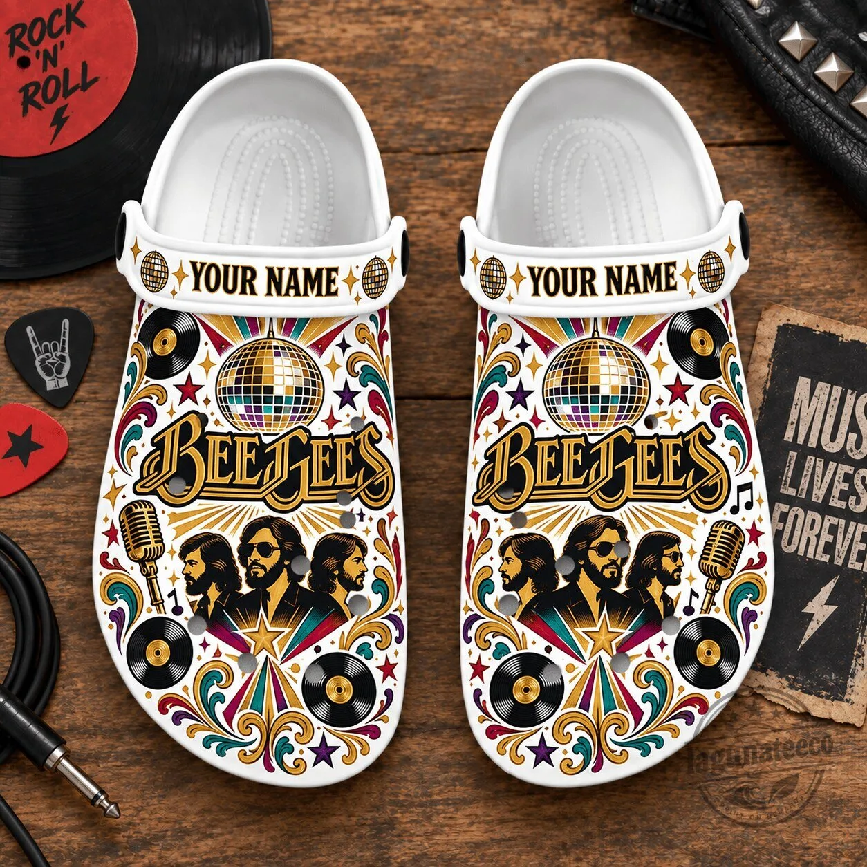 Bee Gees Disco Ball Music Pattern White Personalized Clogs Shoes