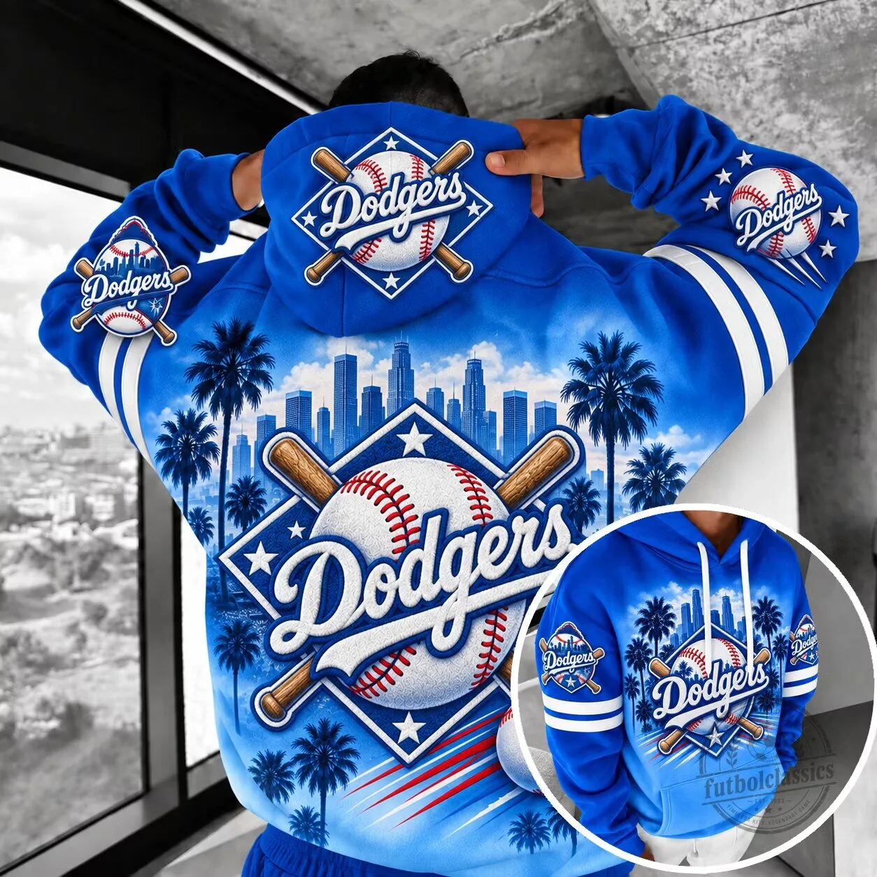Los Angeles Dodgers Baseball Palm Trees Skyline Blue Hoodie