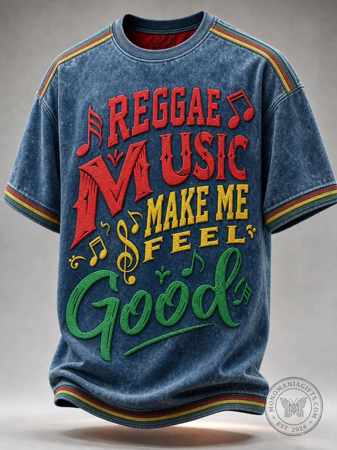 Reggae Music Make Me Feel Good Embroidered Denim T-Shirt