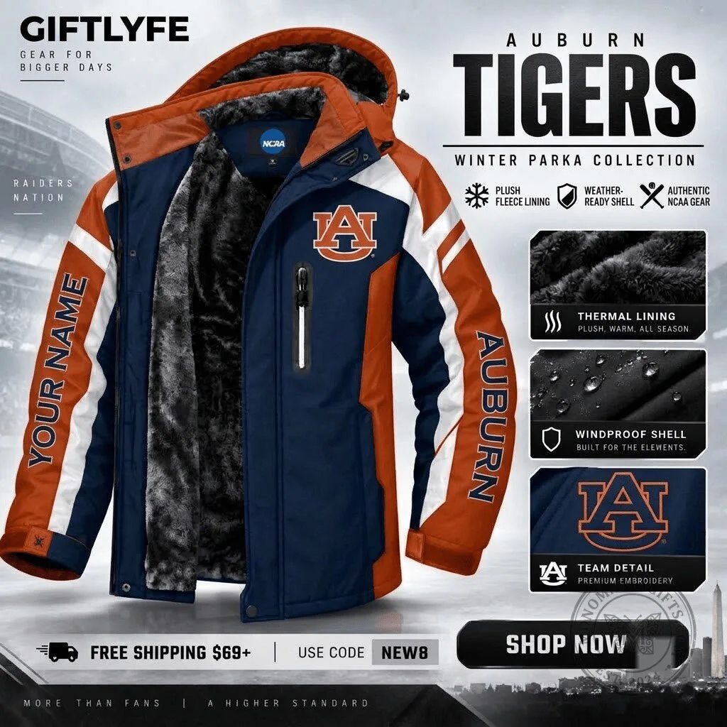 Auburn Tigers NCAA Football Team Winter Parka Jacket with Plush Fleece Lining