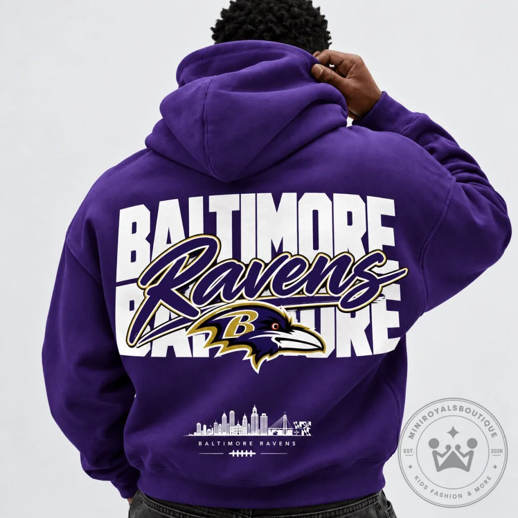 Baltimore Ravens NFL Football Team Purple Hoodie with Skyline Graphic Baltimore Ravens NFL Football Team Purple Hoodie with Skyline Graphic