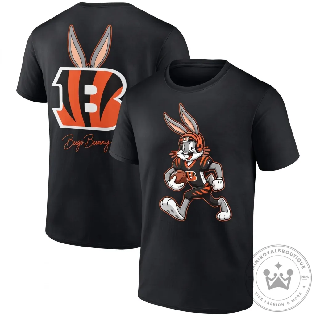 Black Graphic T-Shirt featuring the Cincinnati Bengals and Bugs Bunny Football Team 23 Black Graphic T-Shirt featuring the Cincinnati Bengals and Bugs Bunny Football Team