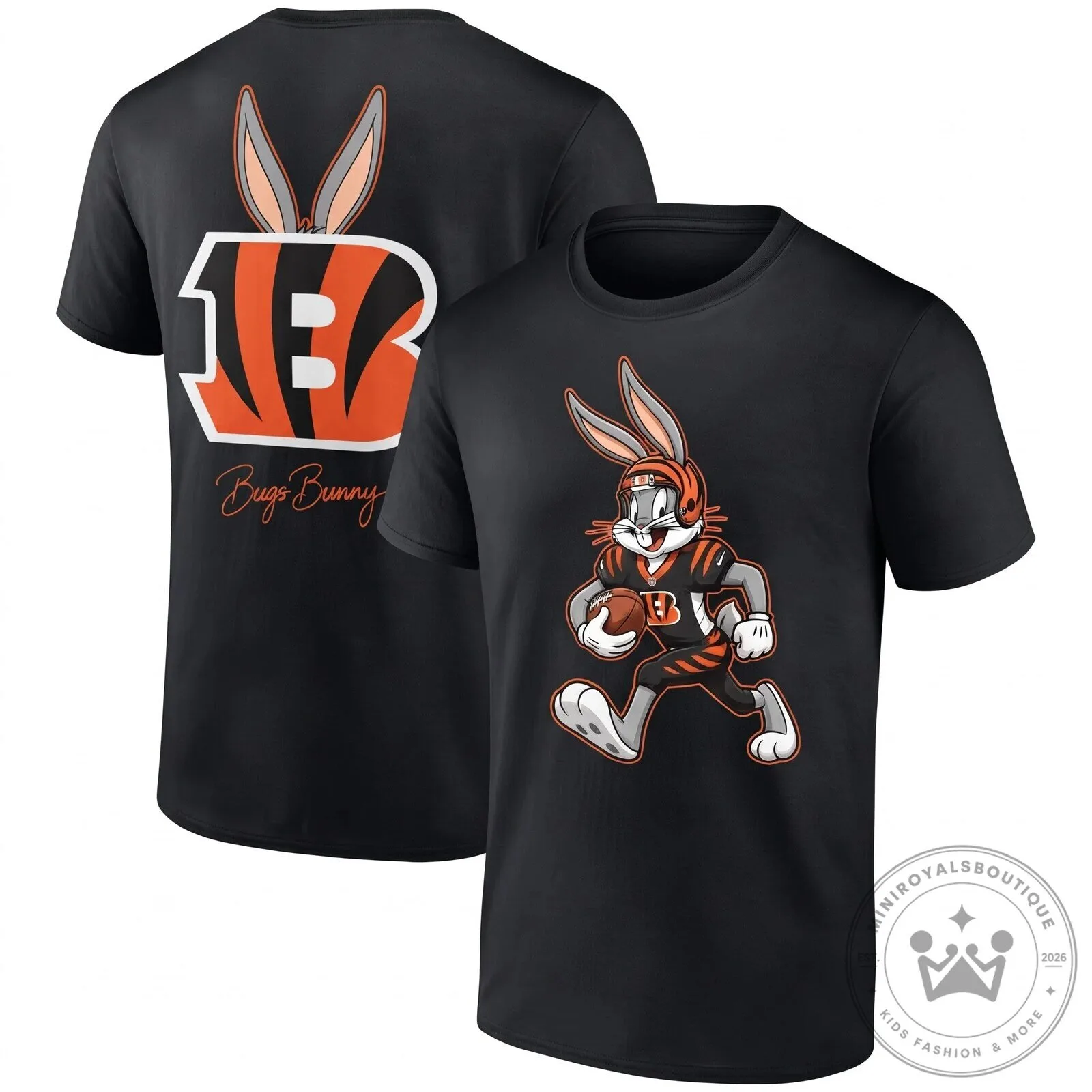Black Graphic T-Shirt featuring the Cincinnati Bengals and Bugs Bunny Football Team