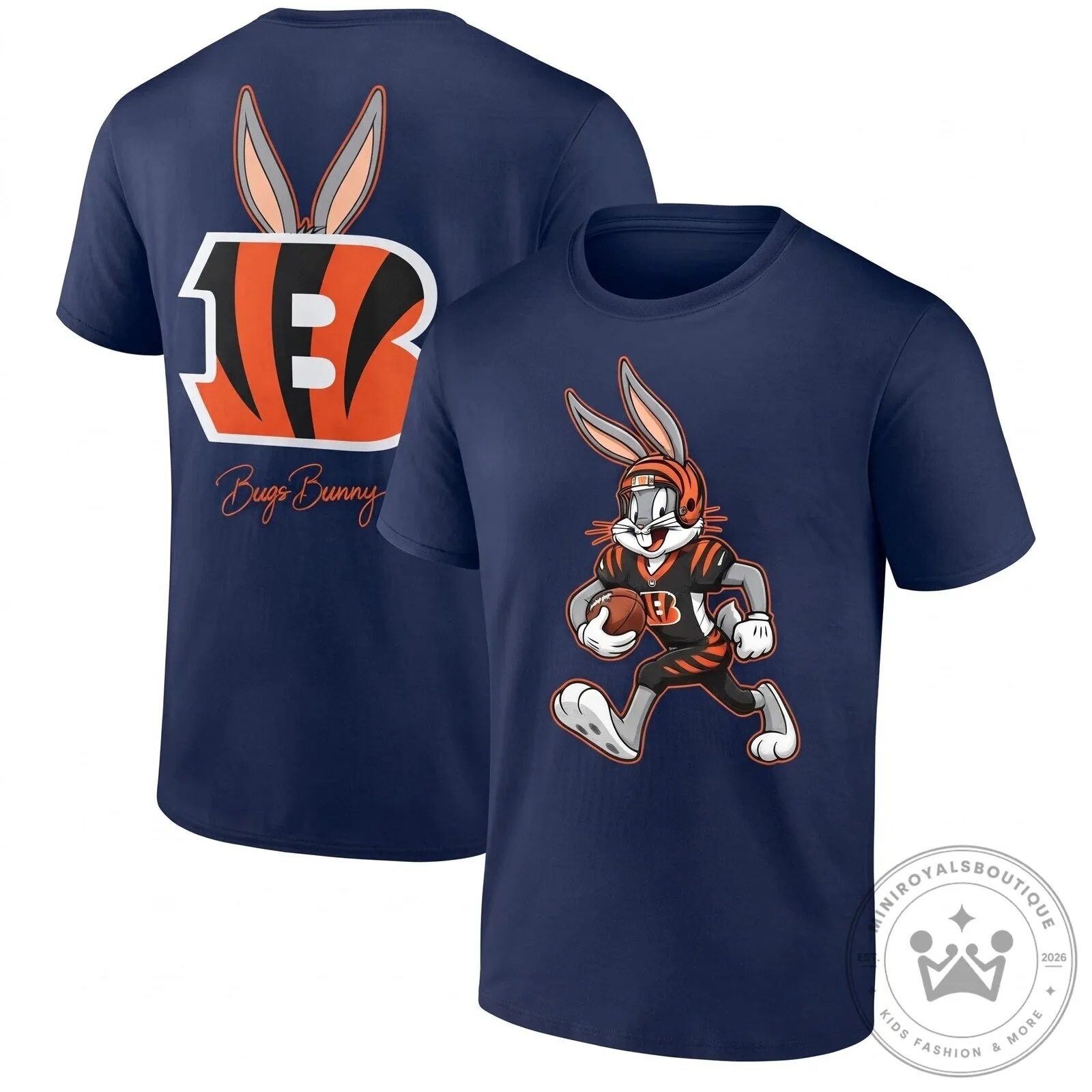 Black Graphic T-Shirt featuring the Cincinnati Bengals and Bugs Bunny Football Team 9 Black Graphic T-Shirt featuring the Cincinnati Bengals and Bugs Bunny Football Team