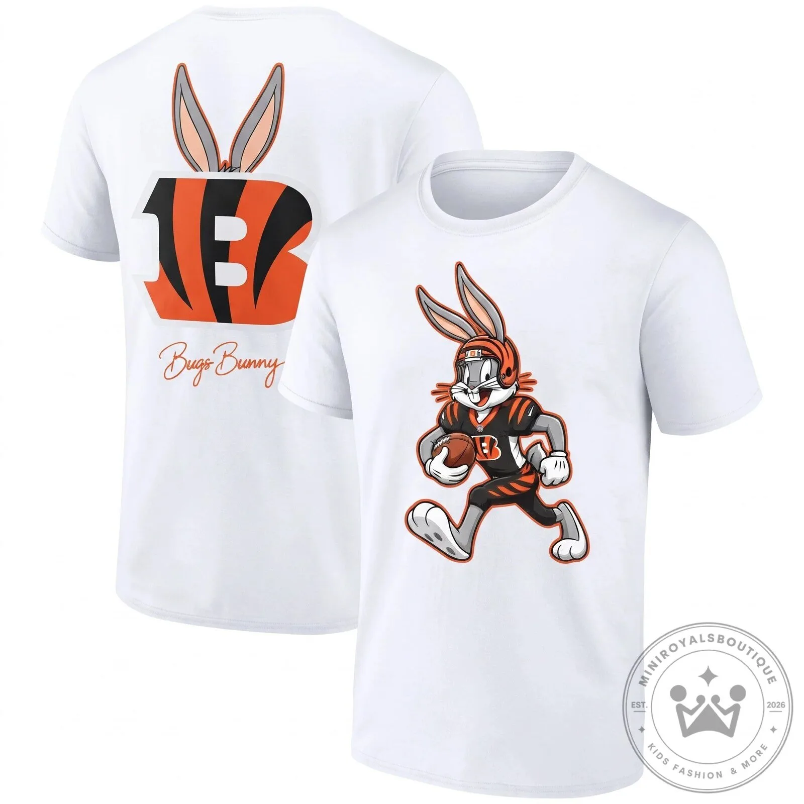 Black Graphic T-Shirt featuring the Cincinnati Bengals and Bugs Bunny Football Team 10 Black Graphic T-Shirt featuring the Cincinnati Bengals and Bugs Bunny Football Team