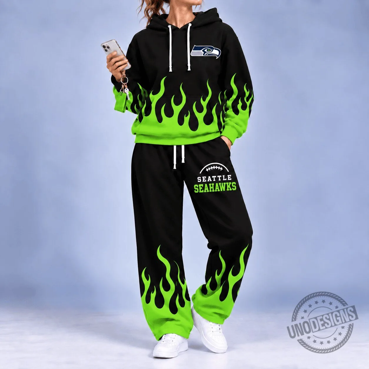 Seattle Seahawks Neon Green Flame Hoodie and Pants Set
