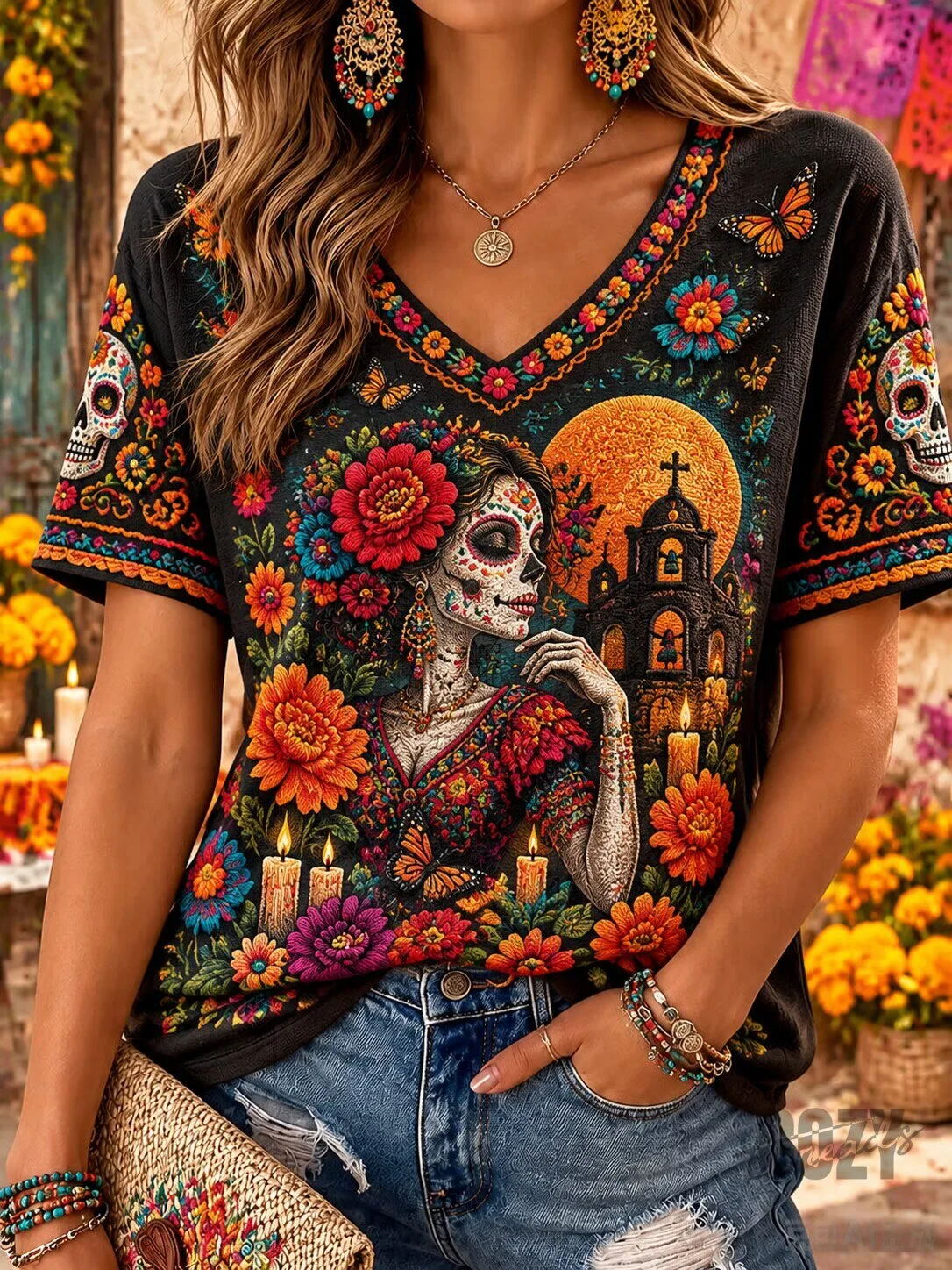 Day of the Dead Sugar Skull Floral V-Neck Short Sleeve T-Shirt 1 Day of the Dead Sugar Skull Floral V-Neck Short Sleeve T-Shirt